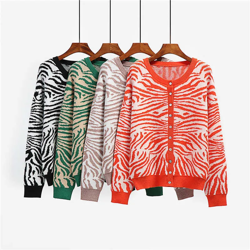 Ins Street Fashion Orange Zebra Cardigan Femmes Pulls Bouton d'hiver Cardigans Automne Épais Chaud Tricoté Streetwear 210918