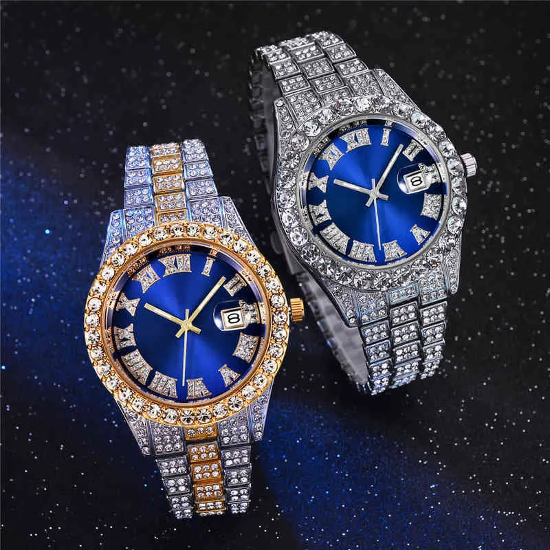 Iced Out Zirconia Cubic Watches Blue Face Hop Hop Fashion عالية الجودة AAA Diamond Bracelet Stainless Steel Courtz Watch for Men3097