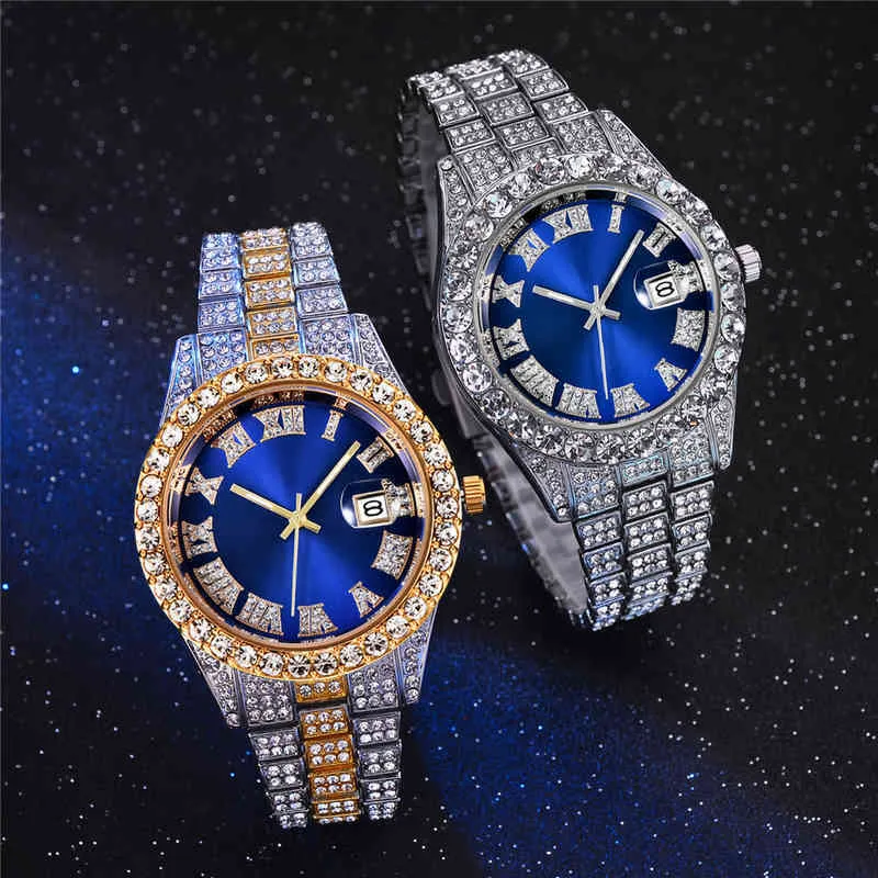 Lodowe zegarki z cyrkonią sześcienną niebieską twarz hip hop moda Wysoka jakość Diamentowa bransoletka AAA kwarc ze stali nierdzewnej zegarek dla mężczyzn208Q