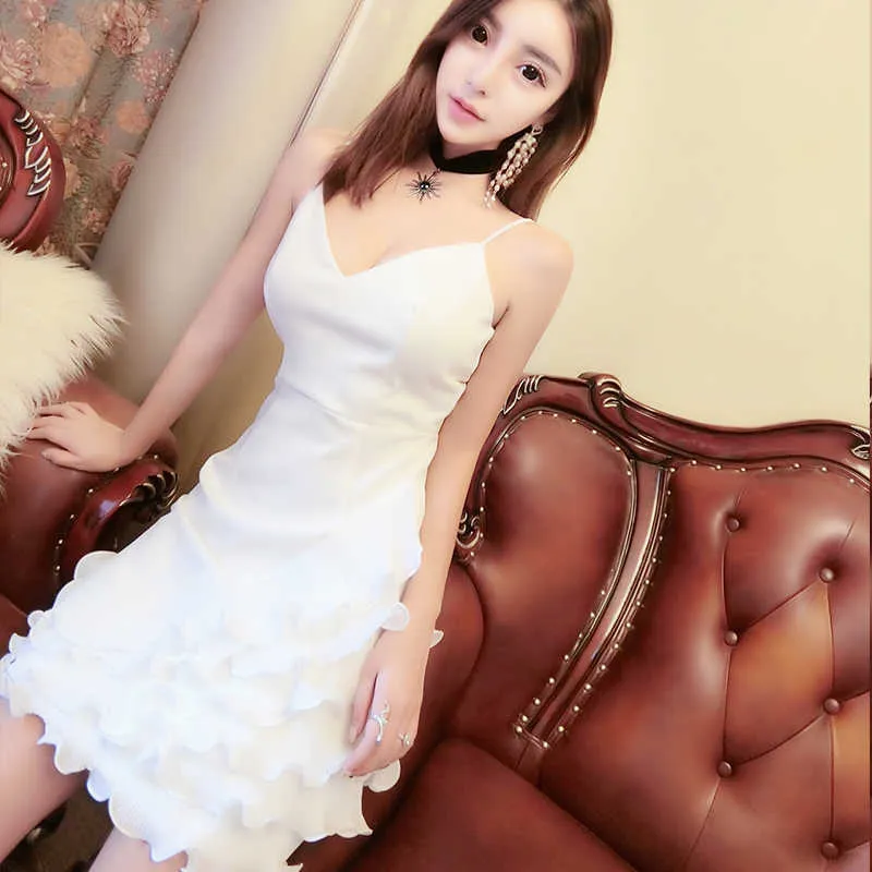 Französisch Vintage Backless Dres Sexy V-ausschnitt Rüschen Party Strap Weibliche Casual Dame Hochzeit Koreanische 210604