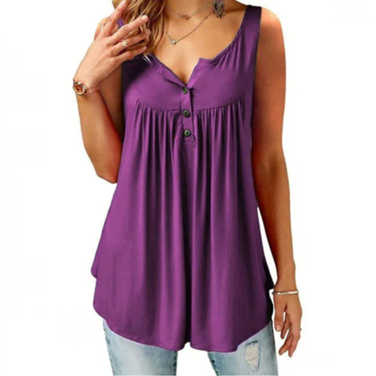 Plus Size 6XL Zomer Tank Top Womens Tuniek Button Neck Tops Sleeless Losse Casual Camis Dames Dames Top Haut Femme Y0824