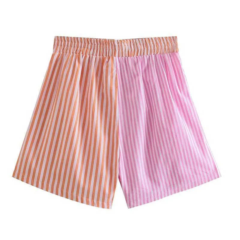 TRAF femmes mode et Patchwork rayé Shorts rétro cordon taille élastique poche latérale femmes Streetwear 210719