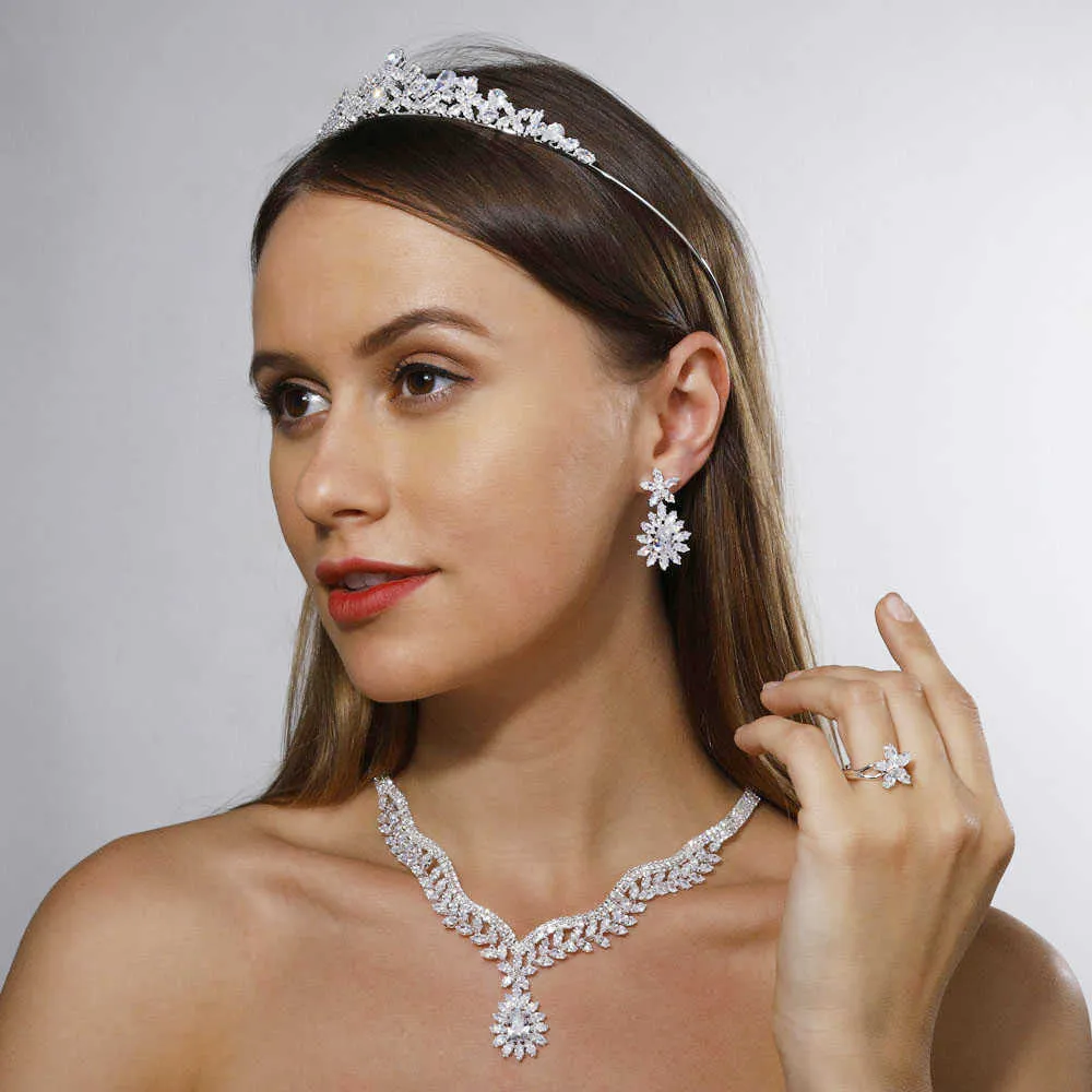 High Quality Cubic Zirconia Jewelry Set Bridal Bridesmaid Wedding Luxury Necklace Set Necklace Earrings Bracelet Ring Crown H1022