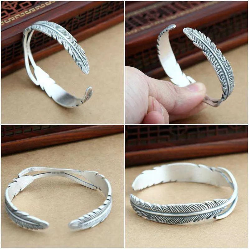 Retro Blatt Feder Einstellbare Paar Armreif Gothic Punk Design Frauen Tibetischen Silber Schmuck Geschenk Glück Armband Q0719