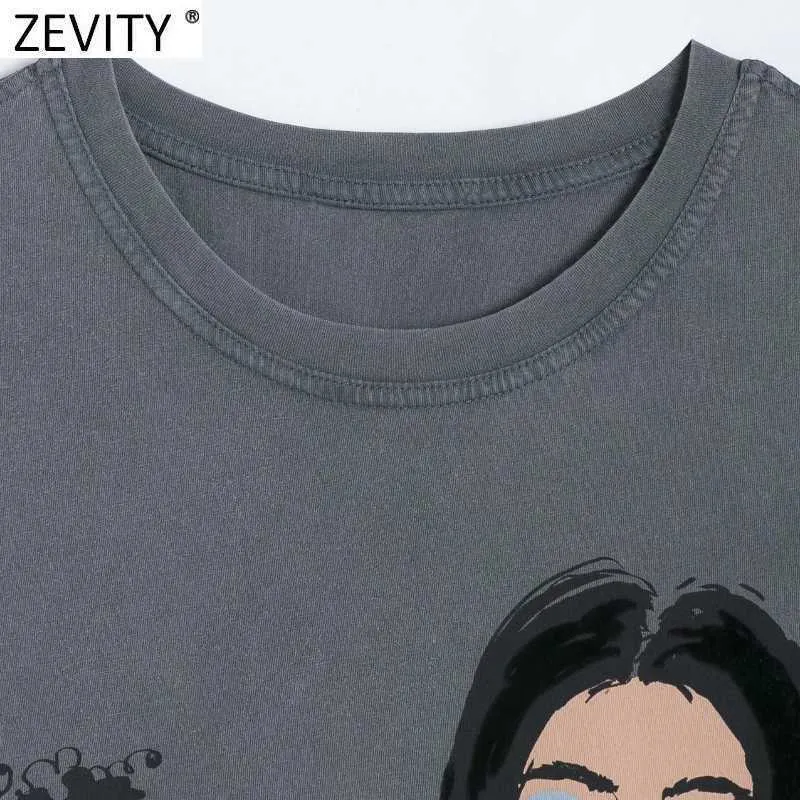 Zevity Kobiety Podstawowe O Neck Krótki Rękaw Wash Efekt Casual Slim T-Shirt Kobiet Chic Beauty Print Knitting Summer Tops T693 210603