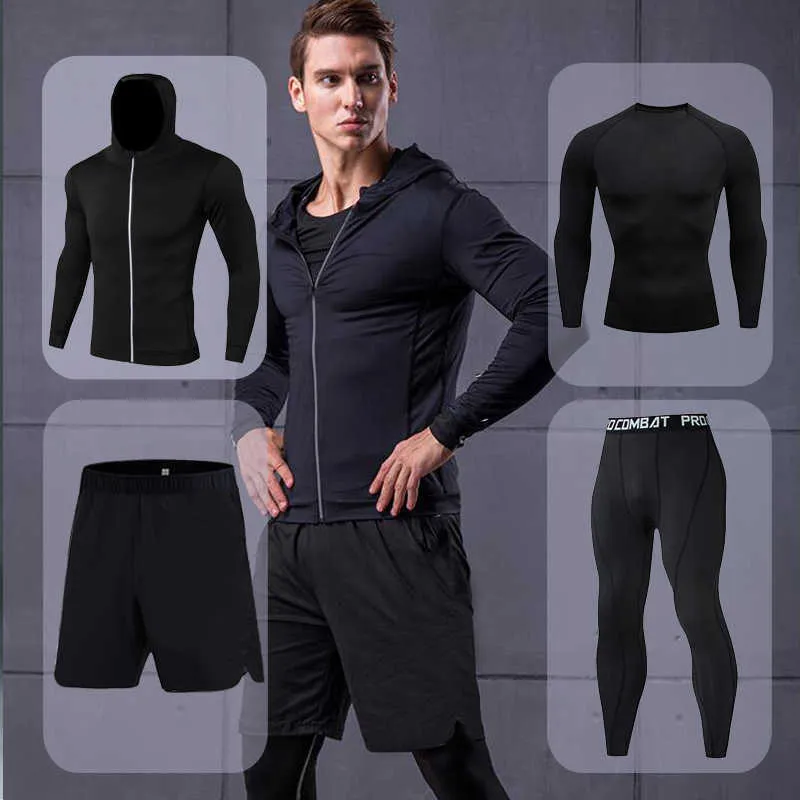 Ensembles de course pour hommes Séchage rapide Pantalon de survêtement extensible respirant Hiver Gym Compression Hommes Jogging Fitness Entraînement Sports Costumes 211006