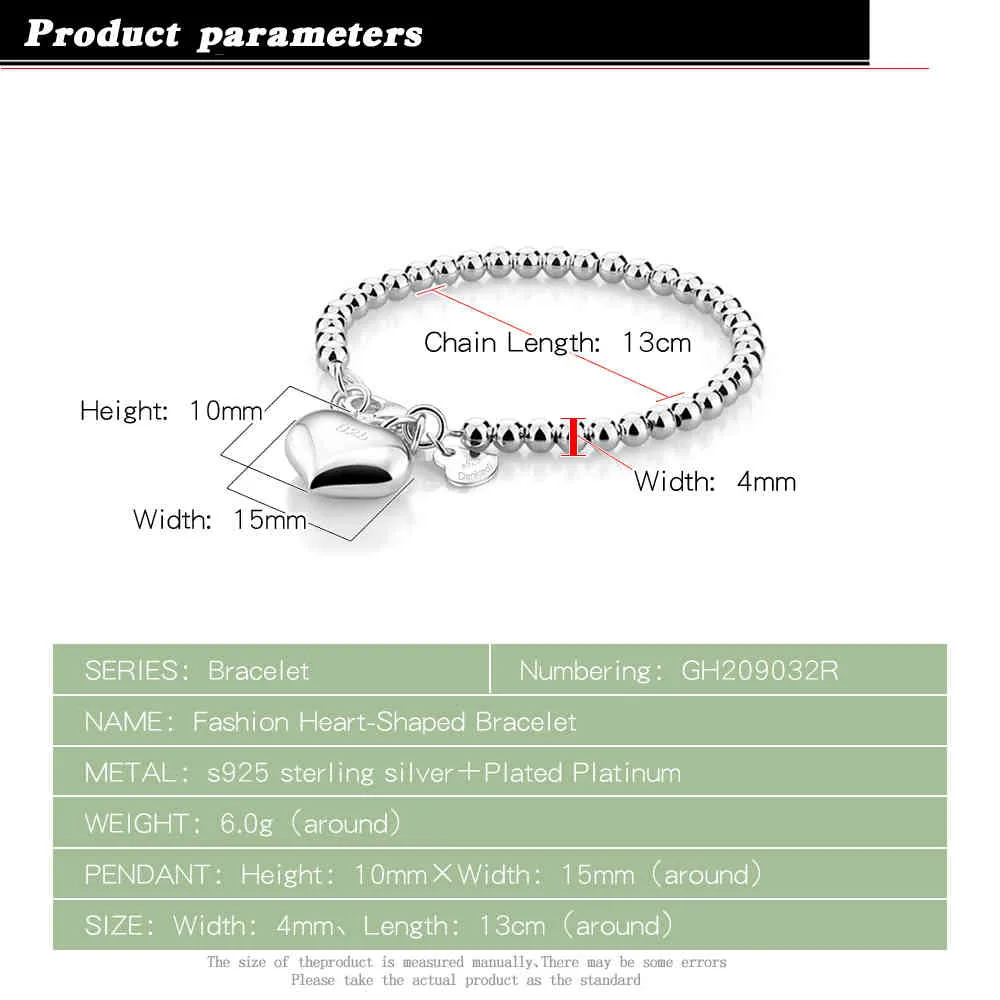 Alta qualità semplice 4MM / 6MM palla braccialetto di perline 100% 925 argento cuore braccialetto moda donna ragazza 15 cm / 20 cm catena di gioielli