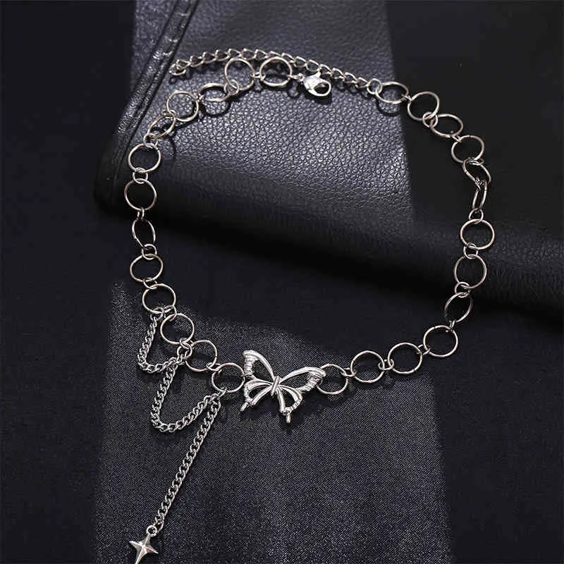 Gothic Circle Star Borboleta Pingente de Pingente de Prata Clavícula Clavícula Gravatas Para As Mulheres Hip Hop Party Fashion Jewelry Presente