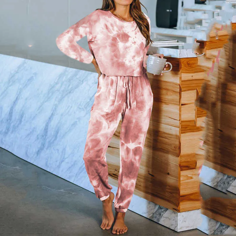 女性のパジャマのセットネクタイ染料のラウンジ着用ホームウェアスーツLoungewear睡眠スリーウェア210809