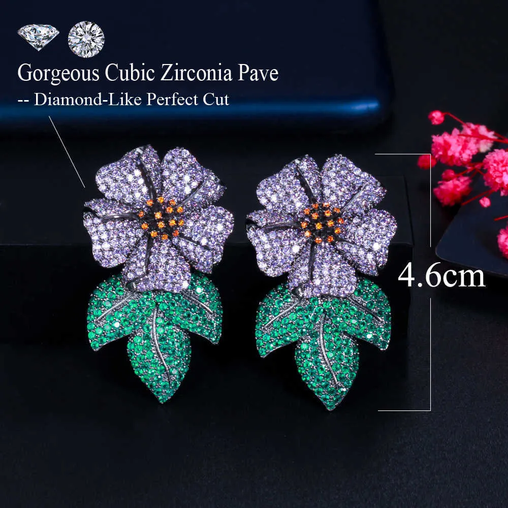 Purple Green Cubic Zirconia Bladbloem Lange Grote Luxe Verklaring Daling Oorbel voor Vrouwen Bruiloft Bridal Sieraden CZ885 210714