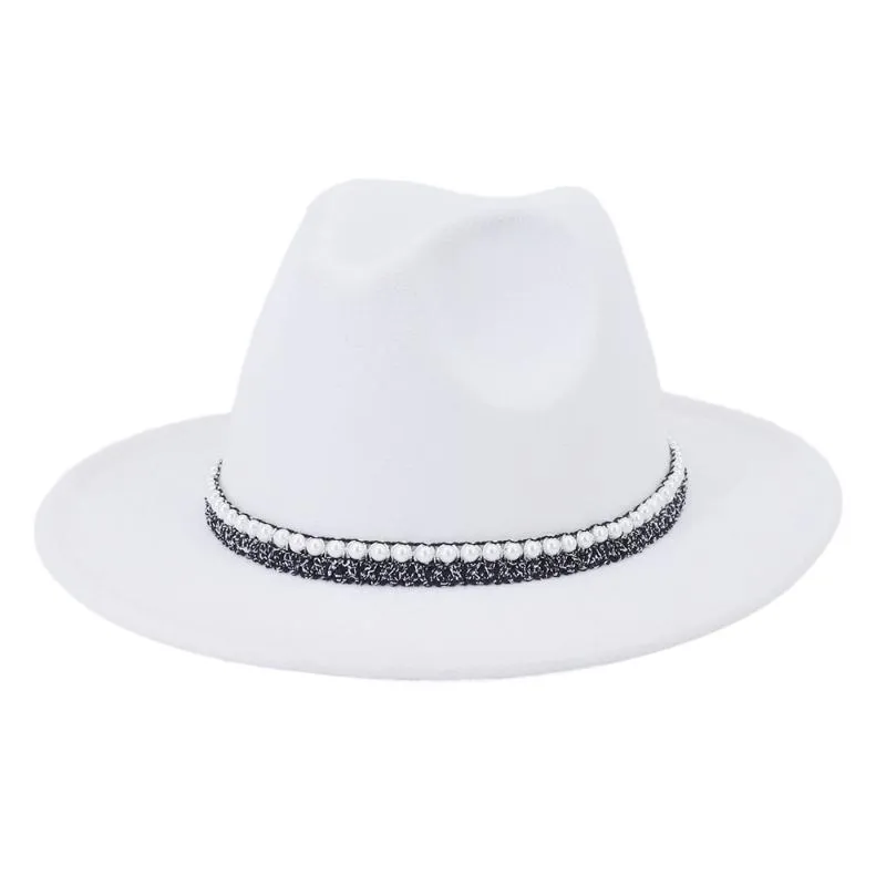 Chapeaux à large bord 2021 Laine Jazz Fedora Casual Hommes Femmes Cuir Perle Ruban Feutre Chapeau Blanc Rose Jaune Panama Trilby Fête Formelle C2096