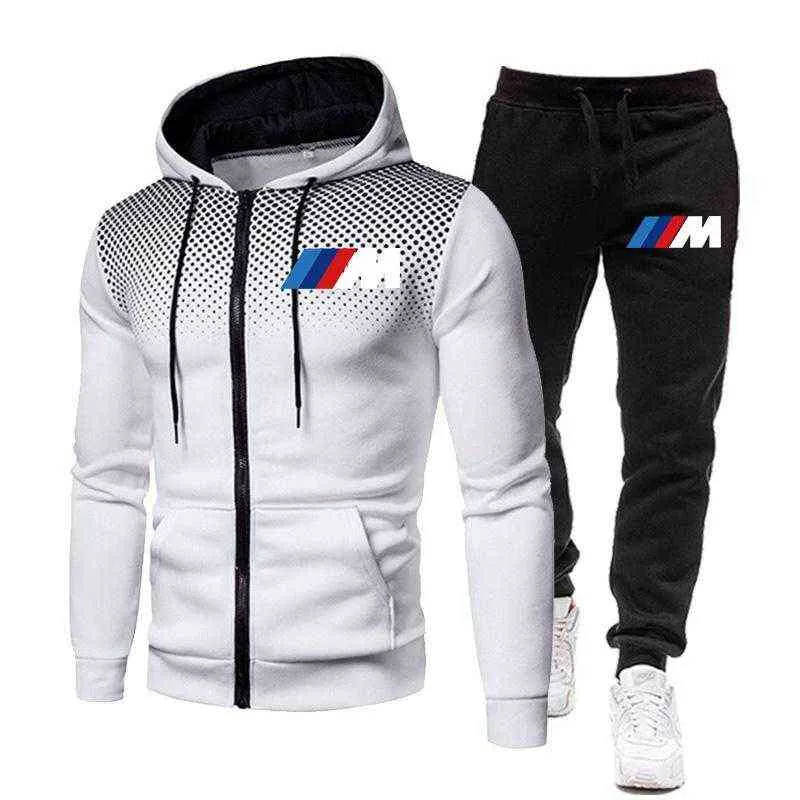 New BMW Men's Football Sets Zipper Hoodie+Pants Two Pieces Casual Tracksuit Male Sportswear Gym Brand Clothing Sweat Suit G1217