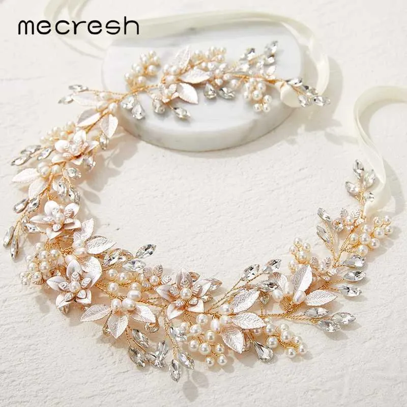 Mecresh Gesimuleerde Parel Handgemaakte Goud Kleur Bruids Haarspelden Crystal Flower Bruiloft Haaraccessoires Hoofdband Ornamenten MTS111 x0625