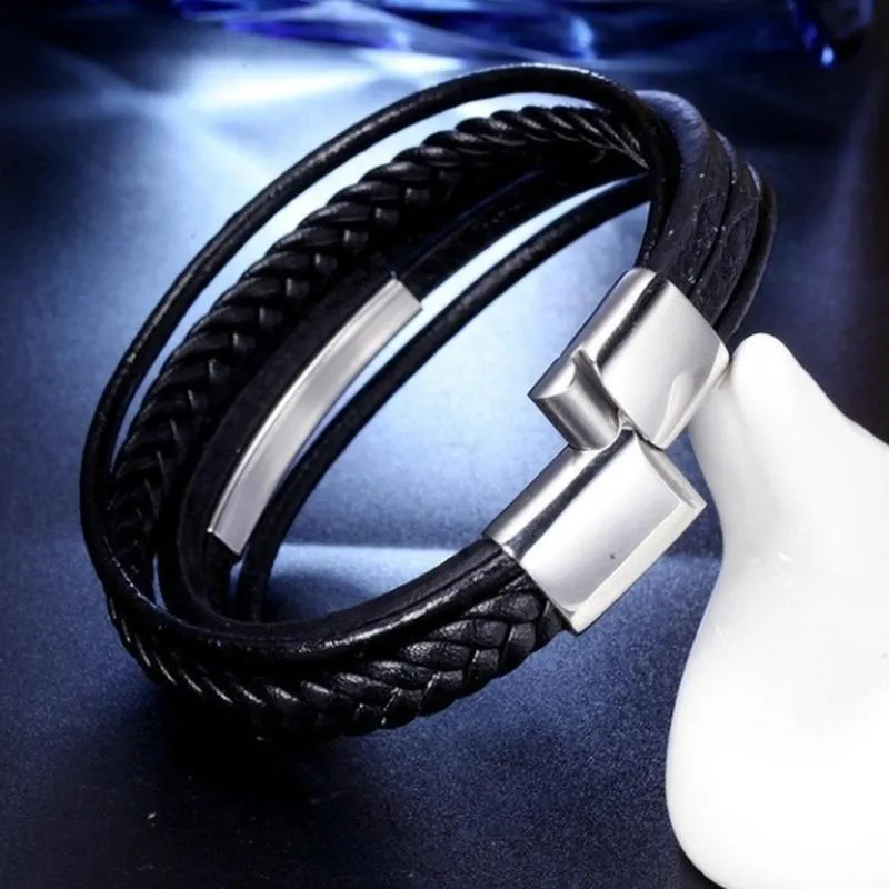 Charm Bracelets Men's Business Casual Fashion Multi-Layer Leather Braided Magnetic Convenient Buckle Gift Bracelet223y
