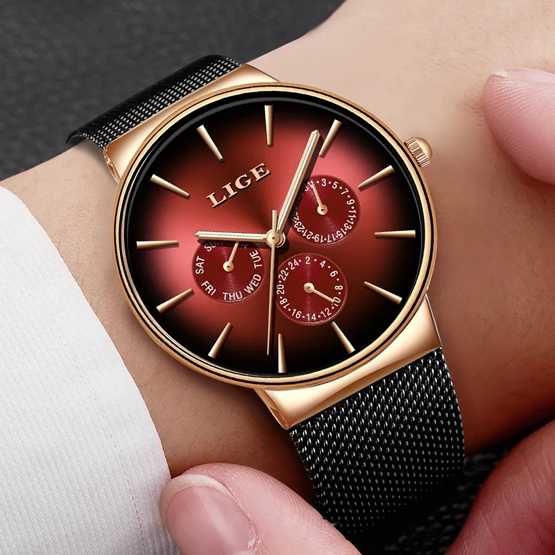LIGE New Fashion Mens Watchs Top Brand Brand Luxury Quartz Watch Men Mesh Steel Imperproof Ultra-Thin Thin Threstwatch for Men Sport Clock 21308G
