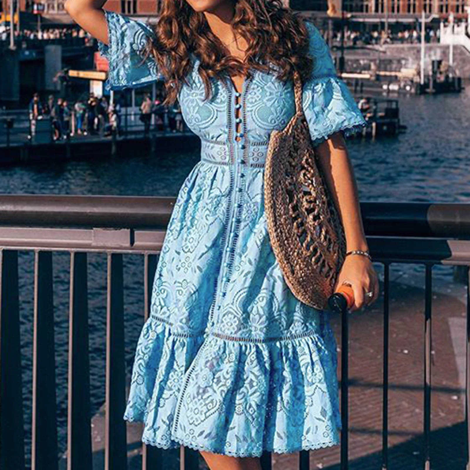 Sexy Bohemian Maxi Dresses For Women Lace Long Sleeve V Neck Boho Swing Dresses Long Cocktail Prom Gown Party Dress Robe Femme Q073014324