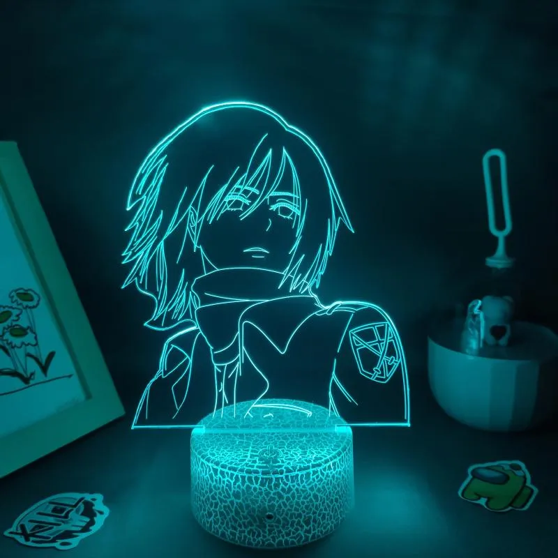 Night Lights 3D Lampa lampada manga Mikasa Ackerman Attack on Titan Anime Figures LED LED RGB Batteria in neon Decor da letto la camera da letto Home260E