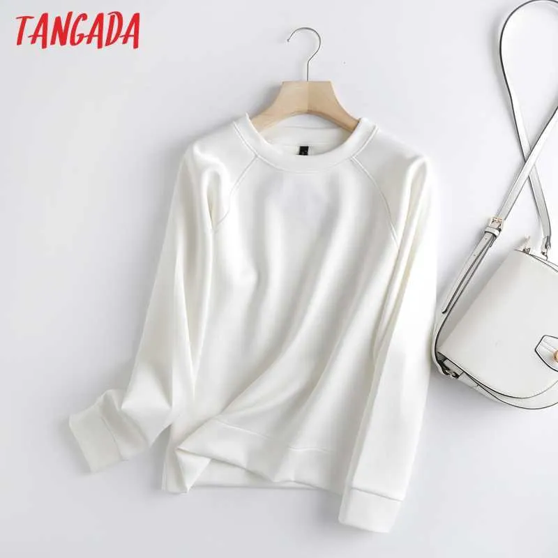 Tangada Mujeres Sudaderas blancas Oversize Manga larga O Cuello Jerseys sueltos Tops femeninos 6D90 210609