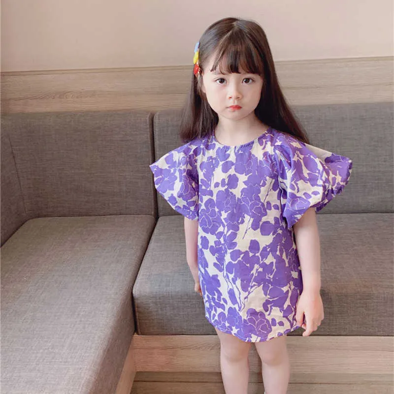 Primavera verano lindas niñas púrpura floral manga de hojaldre mini vestido moda pequeña princesa vestidos casuales para niños 210615