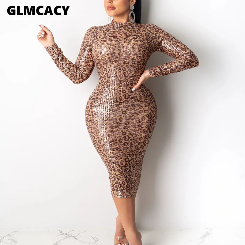 Women Long Sleeve Leopard Sequined Bodycon Dress Sexy Fall Winter Evening Party Club Midi Dress Elelgant Sparkly Dress 201008