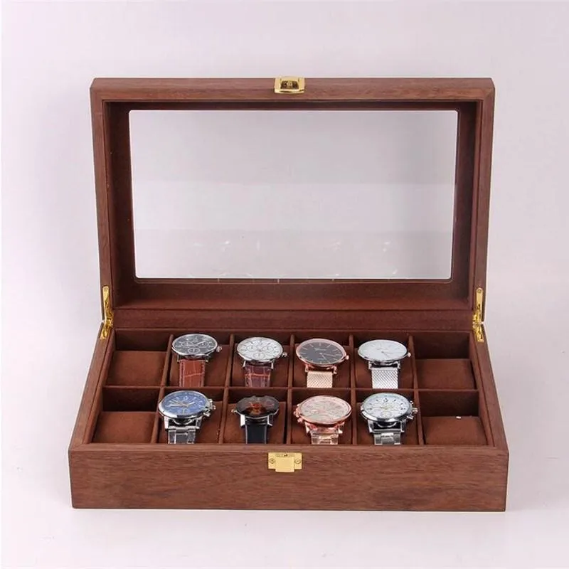 Boîtes de montres 12 grilles, boîte en bois, colonne à bulles, emballage rétro, rangement pour hommes et femmes, bijoux, cadeau de saint-valentin, 307S