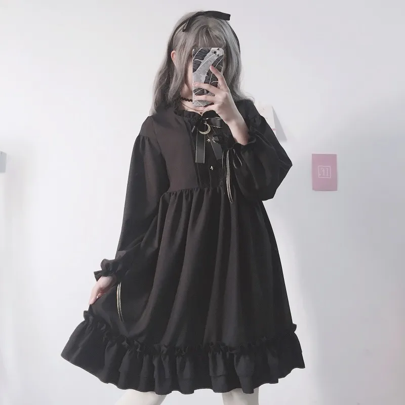 WOHERB Japanese Gothic Lato Szyfonowa Sukienka Kobiety Vintage Bow Bandaż Wzburzyć Czarny Lolita Dresses Vestidos Robe Femme 21664 210309