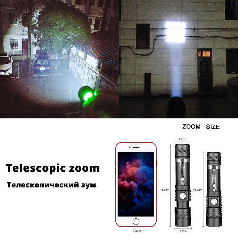 Ultra Bright Led Flashlight With XP-L V6 Led Lamp Beads Waterproof Flashlight Zoomable 4 Lighting Modes Multifunctional USB Charging J220713