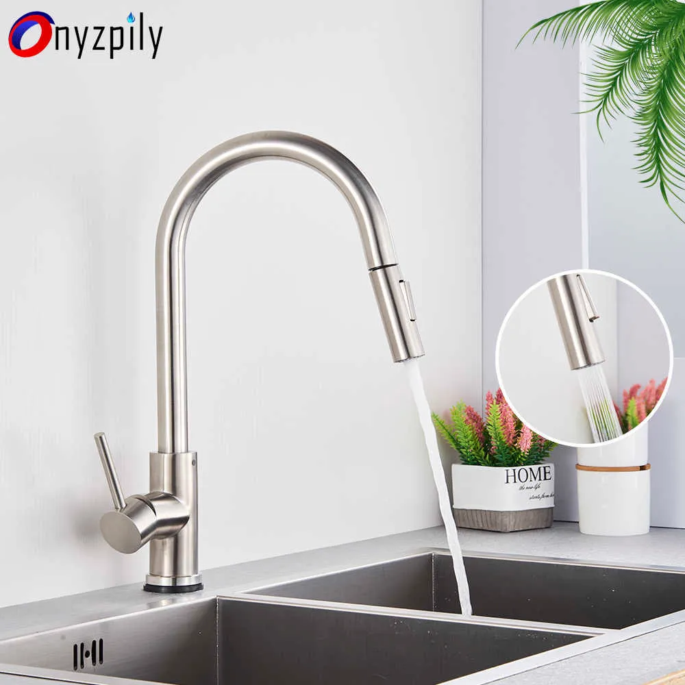 Onyzpily Brushed Nickel Mixer Faucet Single Hole Pull Out Spout Kitchen Sink Mixer Tap Stream Sprayer Head Chrome/Black Kitchen 210724
