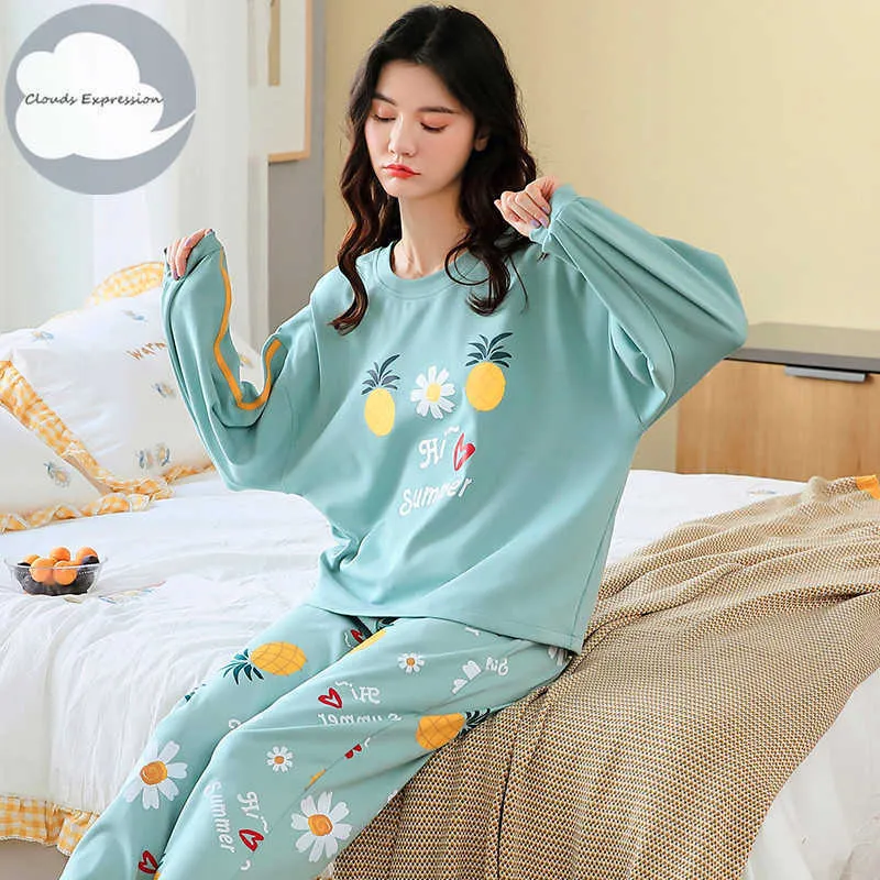 Printemps Automne Femmes Sleep Lounge Pyjama À Manches Longues Femme Pyjama Ensemble Dessin Animé Pyjamas Coton Vêtements De Nuit M L XL XXL XXXL Mode 210928