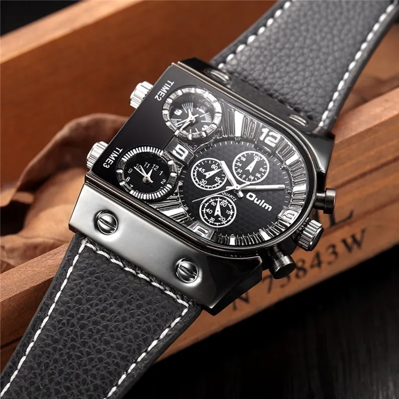 Oulm Men's Watches Mens Quartz Casual Leather Strap Wristwatch Sport Man Multi-Time Zone Militär Male Watch Clock Relogios 168h