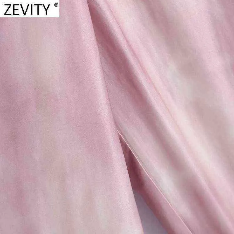 Zevity Femmes Mode Gragual Couleur Tie Dyed Impression Satin Large Jambe Pantalon Rétro Femelle Fermeture Éclair Latérale Chic Long Pantalon P1030 211124
