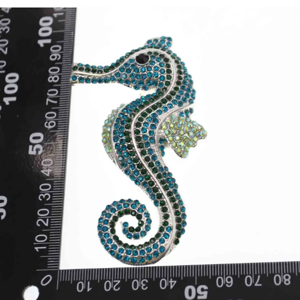 9.5 * 5 cm Gümüş Tonlu Güzel Yeşil Deniz At Pin Düğün Buketi için Rhinestone Kristal Broş