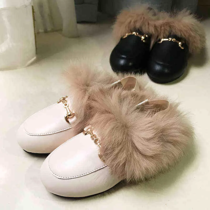 Winter Kids Fur Shoes Baby Girls Princess Slides Children Fashion Slippers Toddler Dress Flats Warm Outdoor Slip On 211215