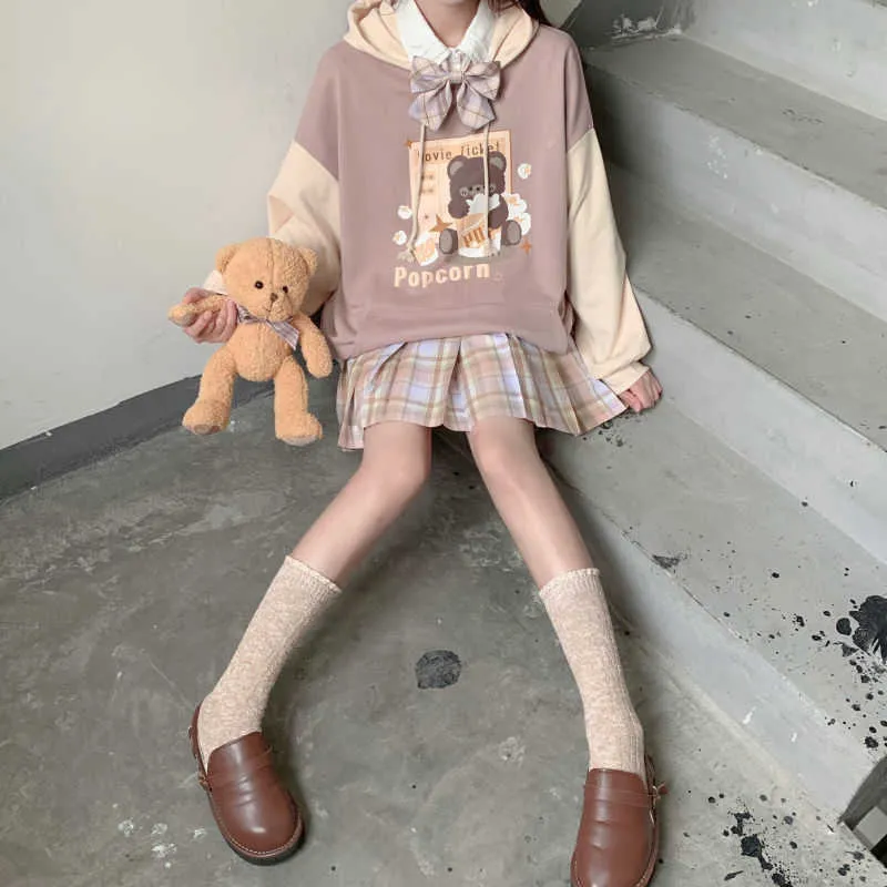 Japanese autumn and winter hoodies for teen girls student kawaii lolita hoodie color matching loose gothic trend hooded 210813