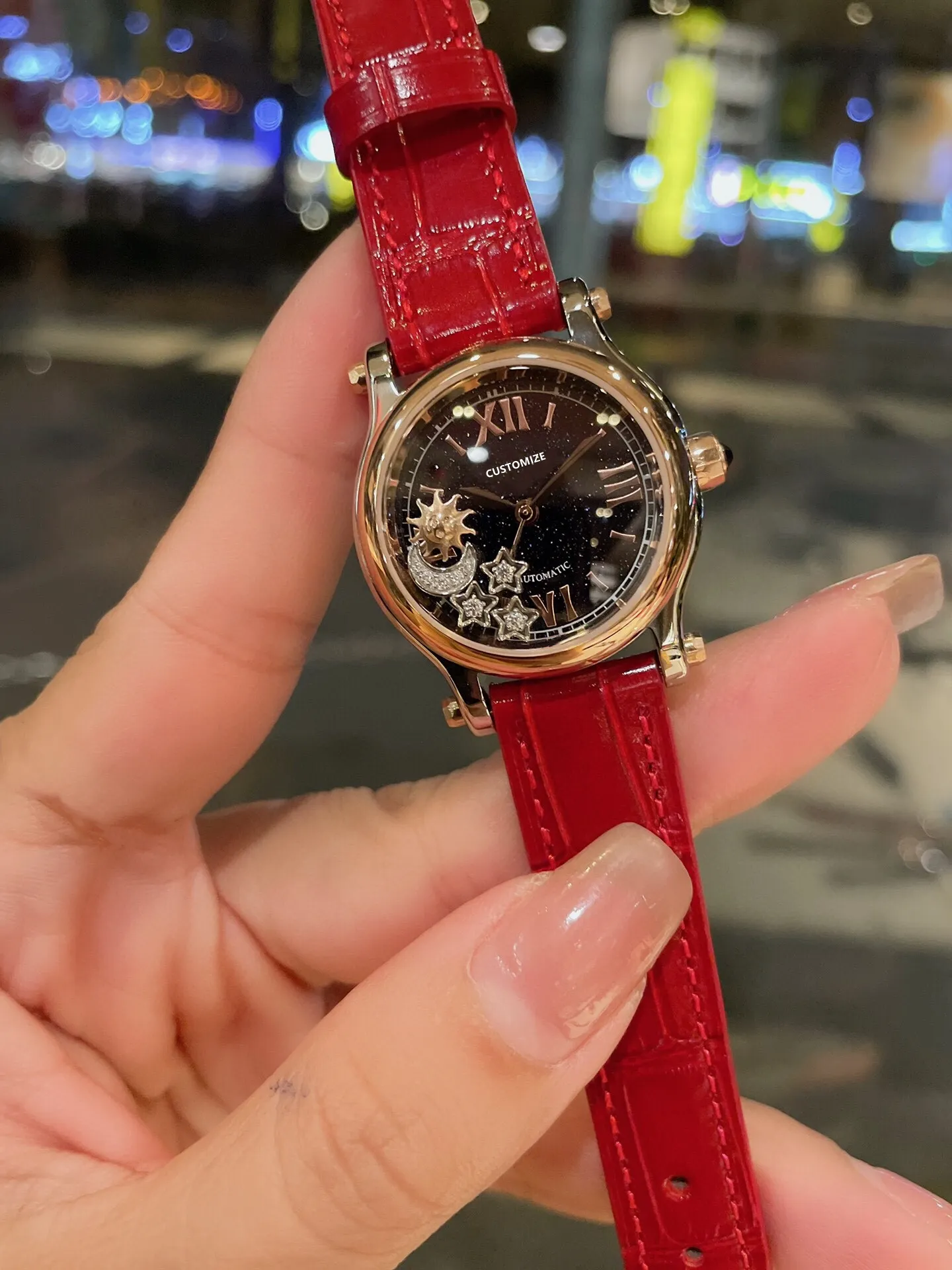 Brand Genuine Leather Quartz Watch Stainless Steel Geometric Sun Moon And Star Watches Starry Sky Dial Women Happy Stone Watches304M