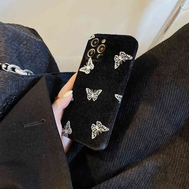 Söt Butterfly Velvet Plush Fabrics Smooth Phone Väska till iPhone 12 11 Pro X XR XS Max Mini 7 8 Plus Fashion Fur Back Cover Case AA220308