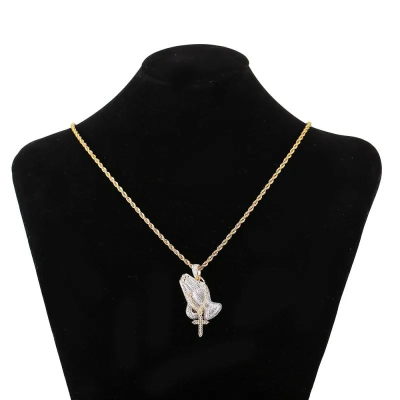 Pendant Necklaces Iced Out Cubic Zircon Praying Hands With Cross Charms Necklace Fashion Luxury Hip Hop Designer Jewelry225f