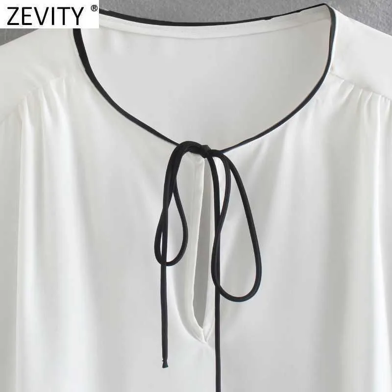 Zevity Women Sweet Black Edge Camicetta grembiule in chiffon bianco Pieghe femminili Camicia kimono manica lunga Chic Blusas Top LS7654 210603
