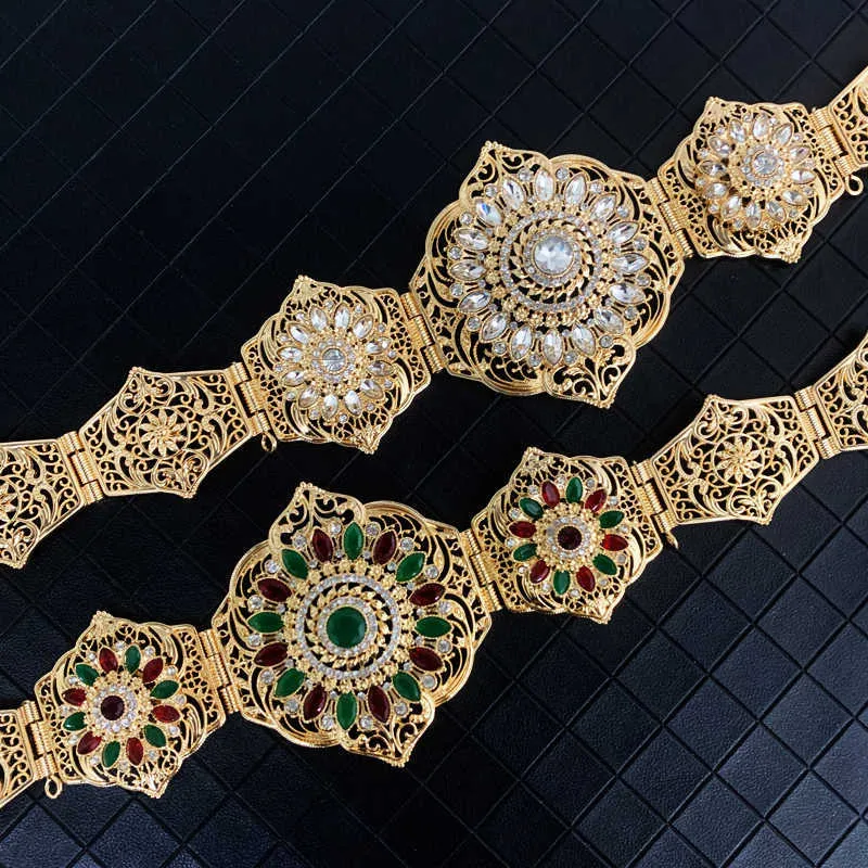 Marocco nuziale in oro verde e rosso strass cinture caftano arabo abito da sposa gioielli catena il corpo