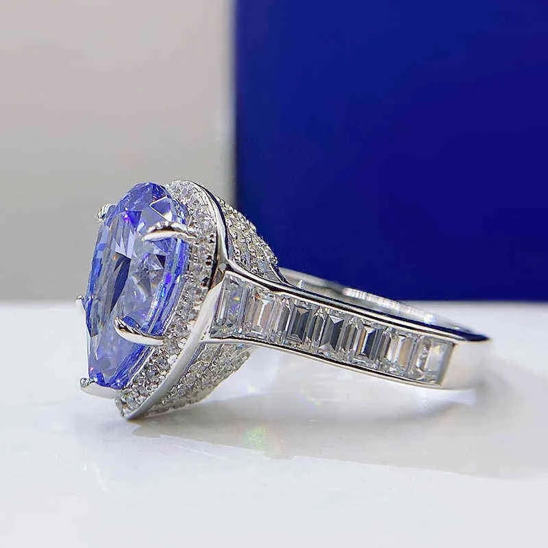 Oevas 100％925スターリングシルバー8 * 1mタンザナイトブルーハイカーボンダイヤモンドリング女性のための輝くウェディングパーティーファインジュエリー211217
