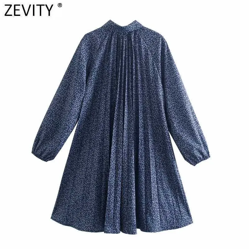 Zevity女性ヴィンテージ花柄プリーツシャツドレスFemme Chic Town CollarカジュアルルースビジネスミニVestido DS5079 210603