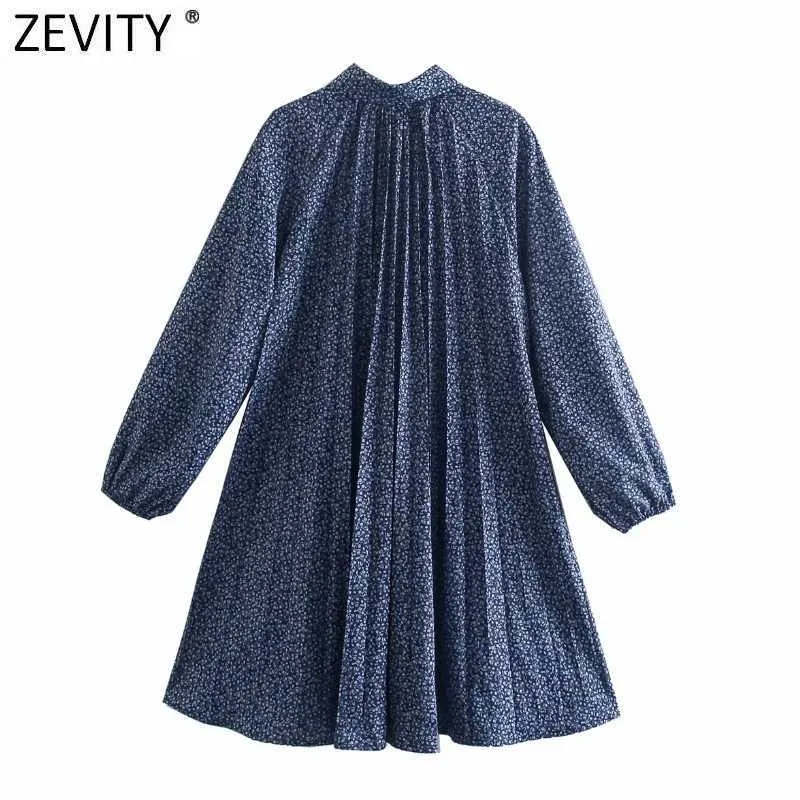 Zevity Kvinnor Vintage Blommigryck Pläterad tröja Klänning Femme Chic Slå ner Krage Casual Loose Business Mini Vestido DS5079 210603