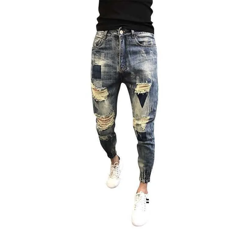 Commercio all'ingrosso 2020 adolescenti Spirito sociale ragazzo pantaloni strappati pantaloni alla moda tiepants gamba piedi pantaloni alla caviglia jeans pantaloni harem slim da uomo X0615