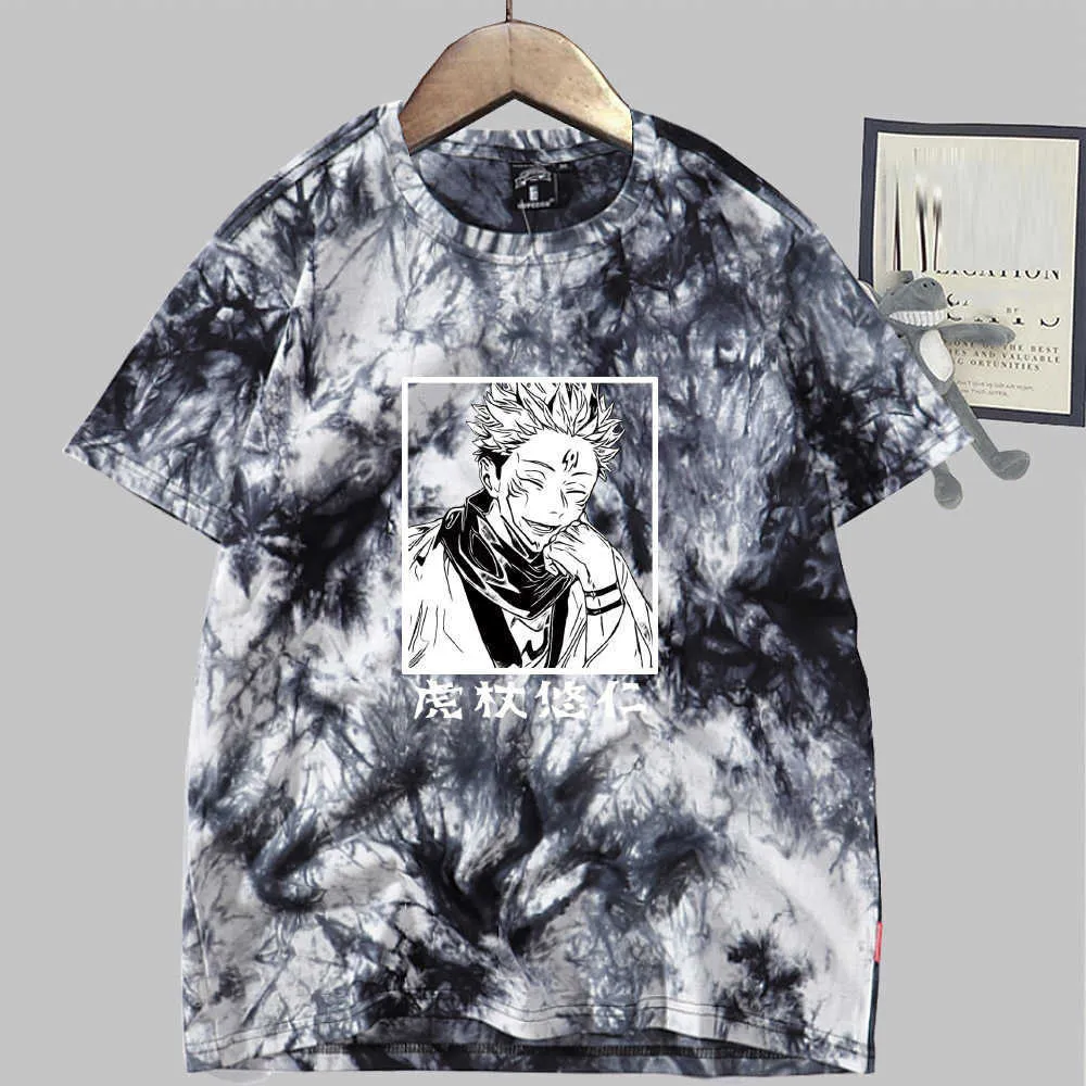 Jujutsu Kaisen Itadori Anime T-shirt Mode À Manches Courtes O-cou Casual Tie Dye Y0809