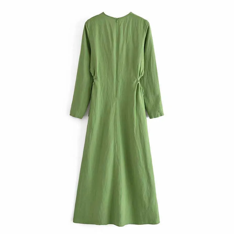 Za Green Cut Out Langes Sommerkleid Damen Chic Verstellbare Krawatte Vintage Kleider Feminin O-Ausschnitt Seitenschlitze Leinen Gerafftes Kleid 210602