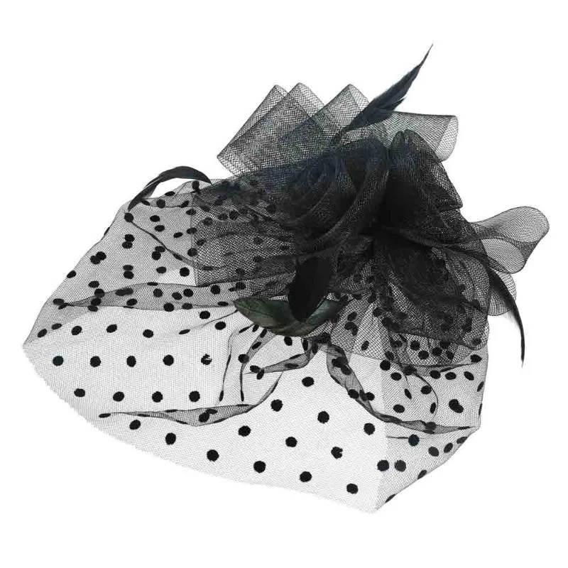 Stingy Brim Hats Welrog Women Fancy Feather Party Wedding Headwear Fascinators Veil Dot Print Yarn Pannband med Clips245B