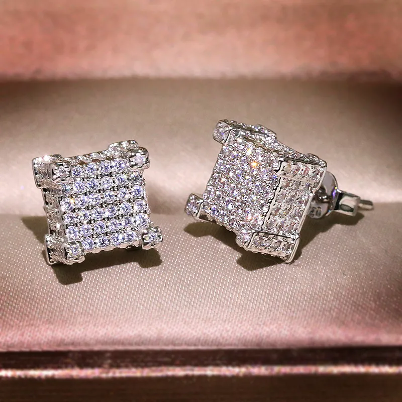 Men Women Gold Stud Earrings Hip Hop Jewelry CZ Simulated Diamond Silver Fashion Square Earring224t