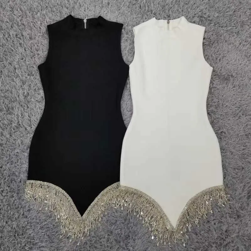 Femmes Sexy Designer Sparkly Gland Noir Blanc Bandage Robe Dames Élégante Célébrité Moulante Fête Robe 210527
