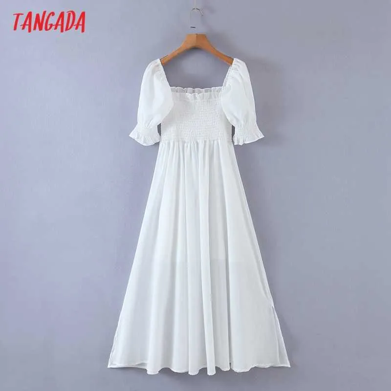 Tangada Summer Women White Cotton Sundress Beach Dress Puff Short Sleeve Ladies Midi Dress Vestidos 8M04 210609