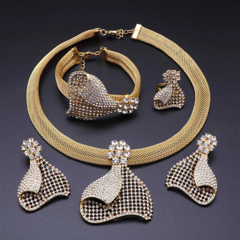 Índia ouro ouro colar brincos anel pulseira para mulheres presente africano bridal presentes de casamento de cristal conjuntos de jóias H1022
